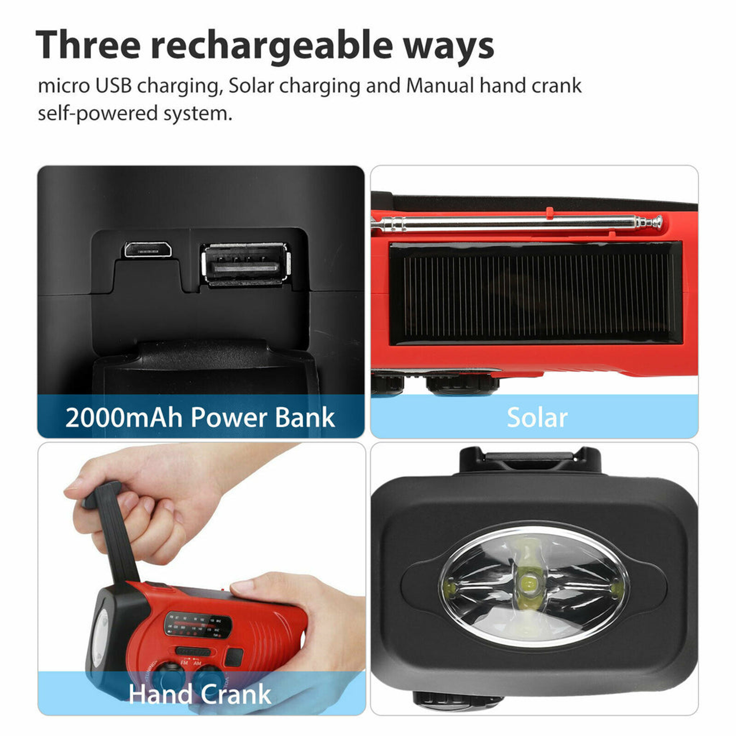 2000mAh Emergency LED Radio Solar Hand Crank AM/FM/NOAA Flashlight Phone Charger