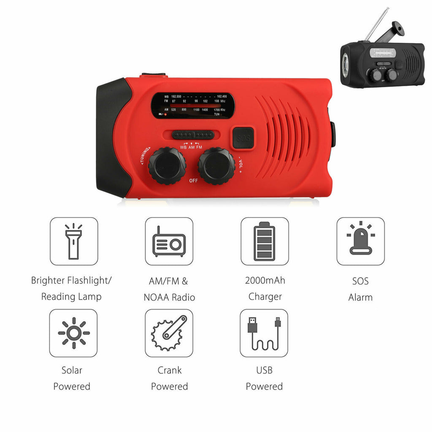 2000mAh Emergency LED Radio Solar Hand Crank AM/FM/NOAA Flashlight Phone Charger