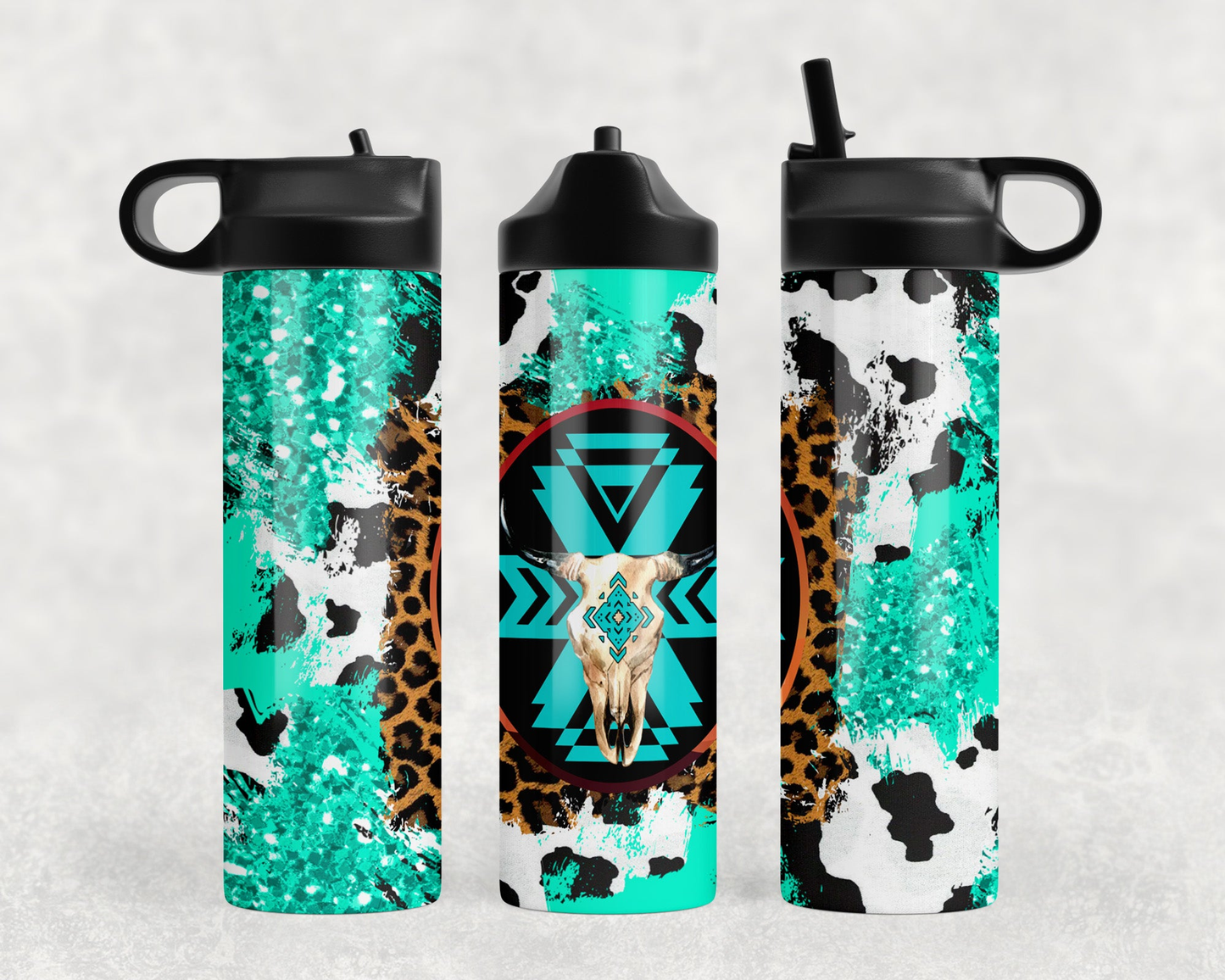 Blue Cow Print Bull Skull Steel Water Bottle