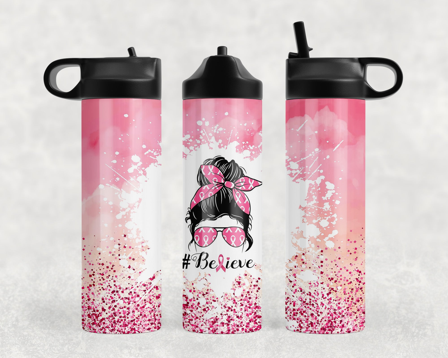 Believe Pink Ribbon Steel Water Bottle