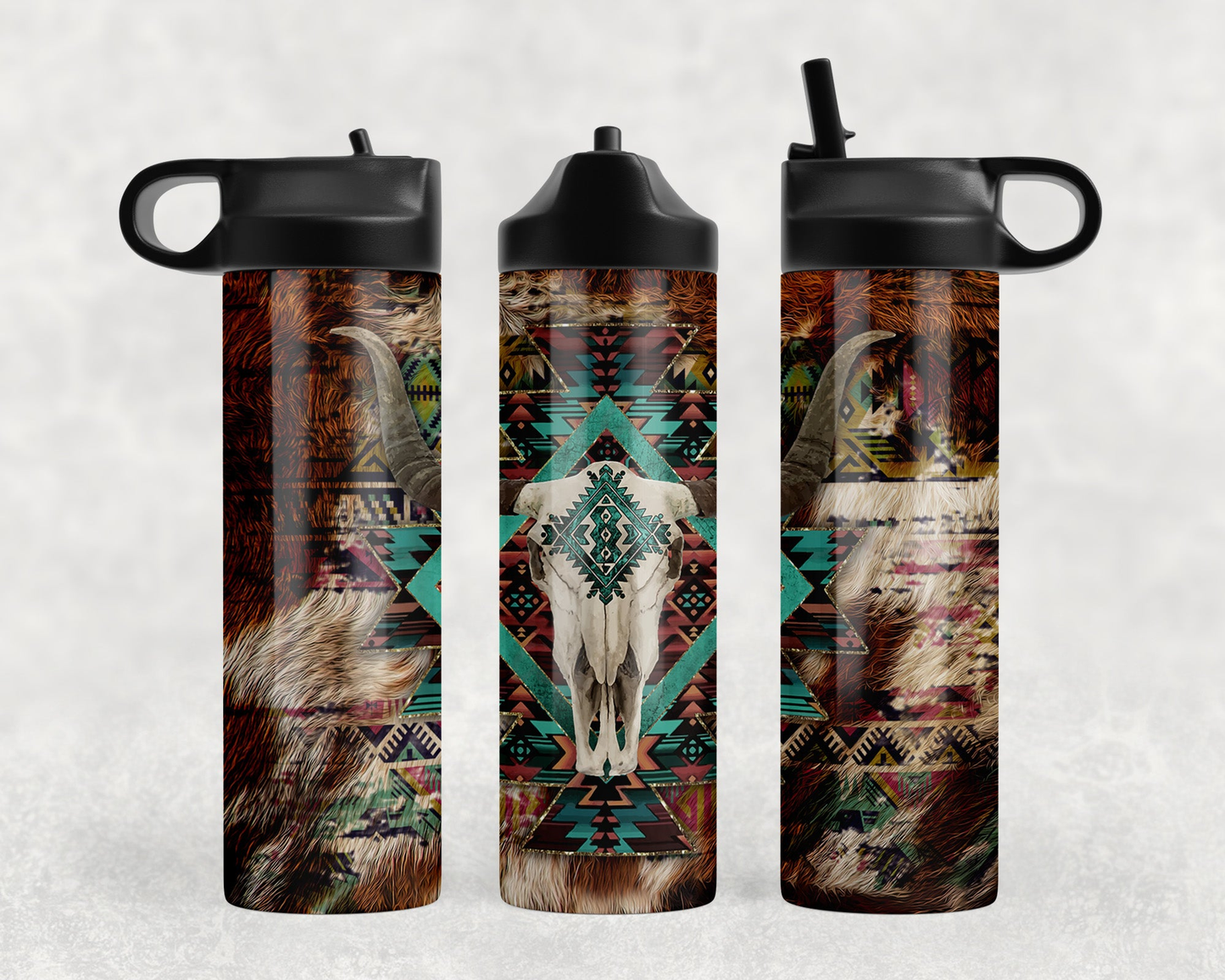 Western Aztec Bull Skull Steel Water Bottle