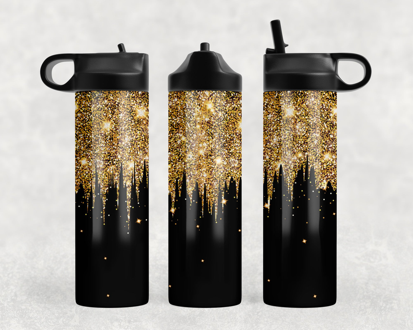 Black Gold faux glitter Drip Steel Water Bottle