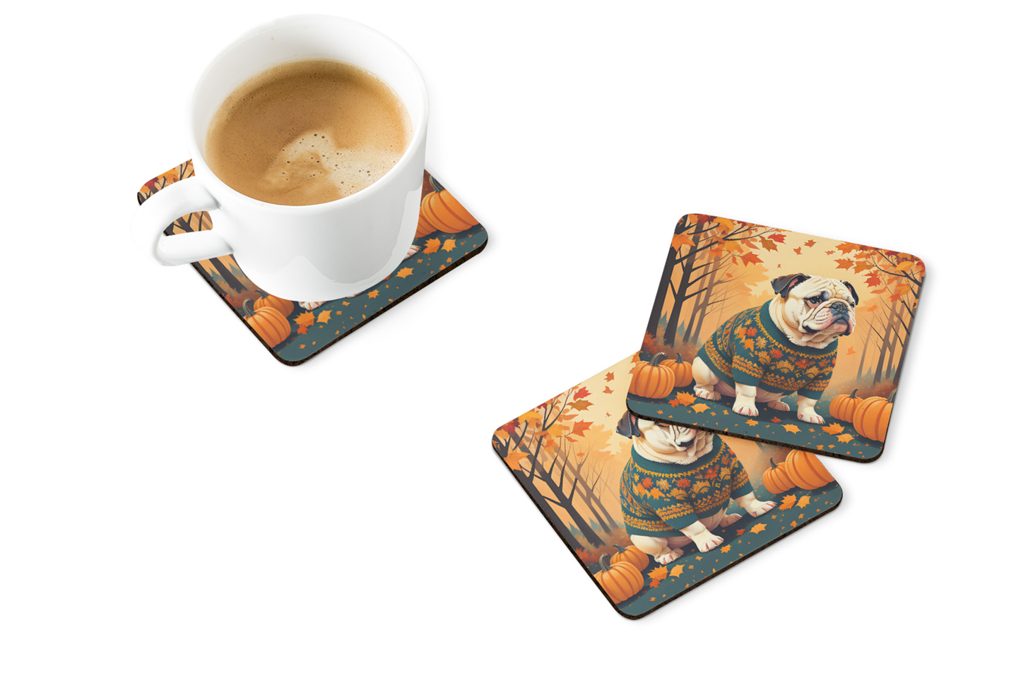 White English Bulldog Fall Foam Coasters