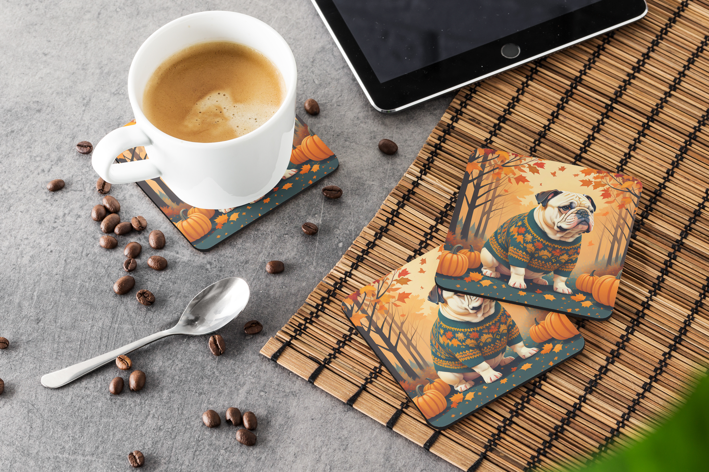 White English Bulldog Fall Foam Coasters