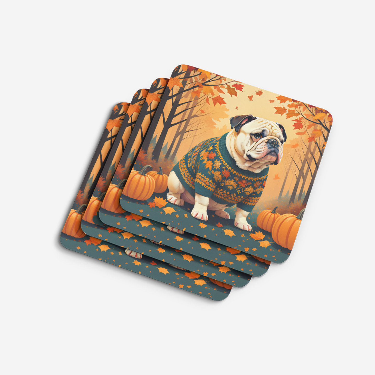 White English Bulldog Fall Foam Coasters