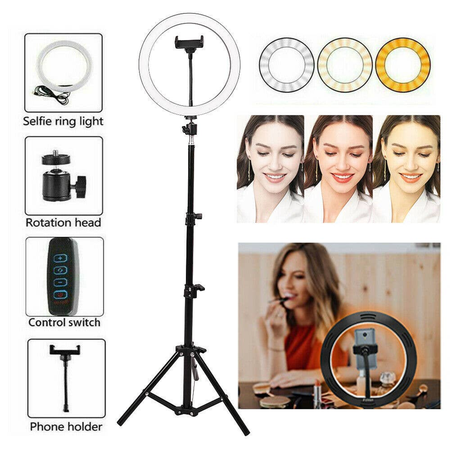 Led Selfie Ring Light With Tripod Phone Holder Stand Makeup Live Stream