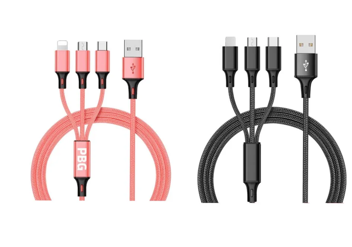 3-in-1 Nylon Braided 4FT 3A Charging Cable (8Pin, Type-C, Micro USB) Mix n Match