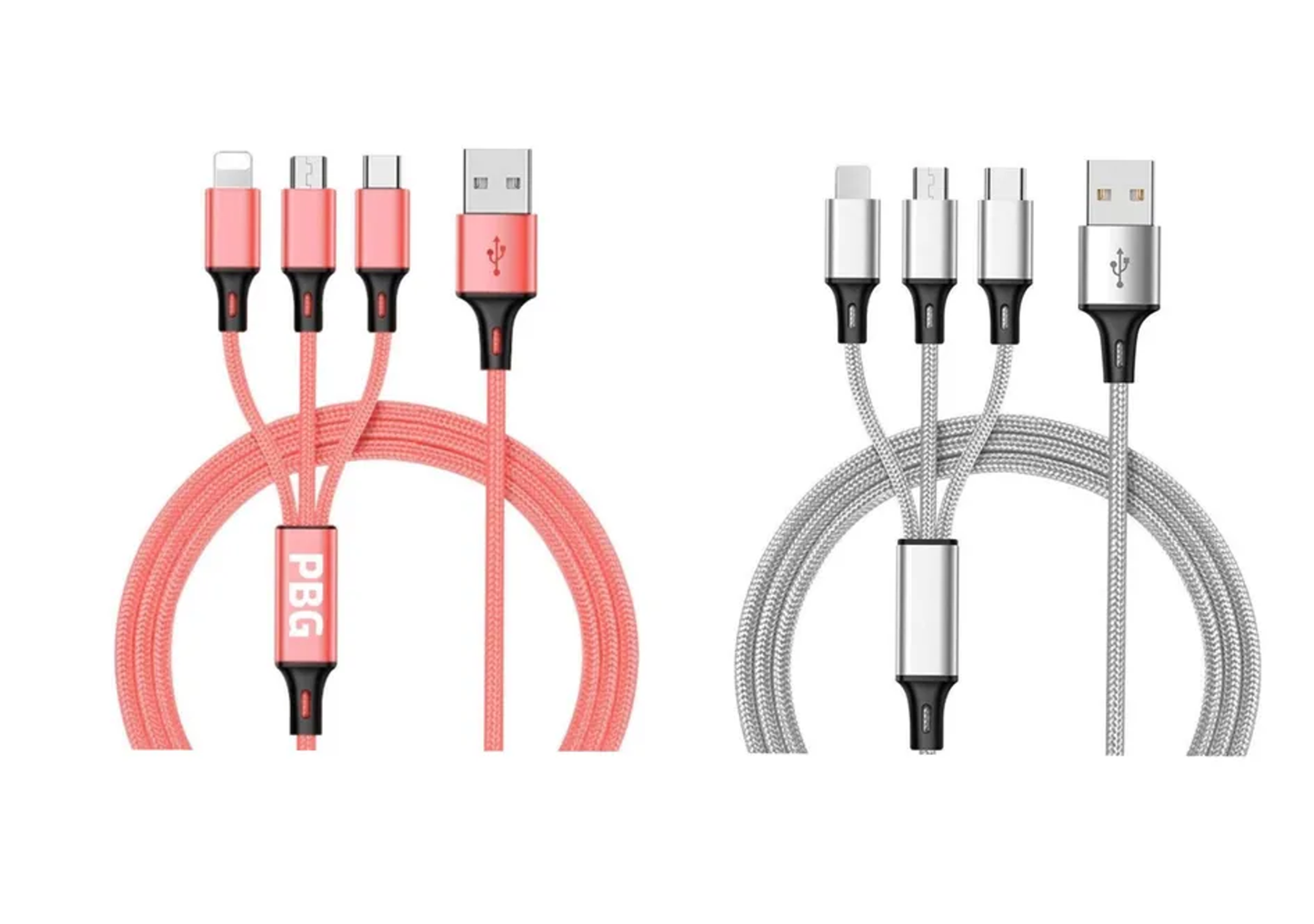 3-in-1 Nylon Braided 4FT 3A Charging Cable (8Pin, Type-C, Micro USB) Mix n Match