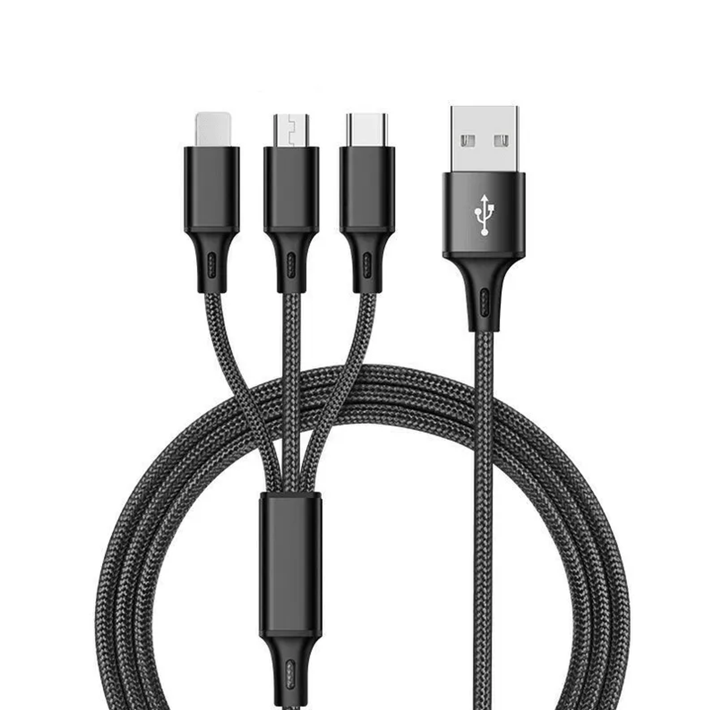 3-in-1 Nylon Braided 4FT 3A Charging Cable (8Pin, Type-C, Micro USB) Black