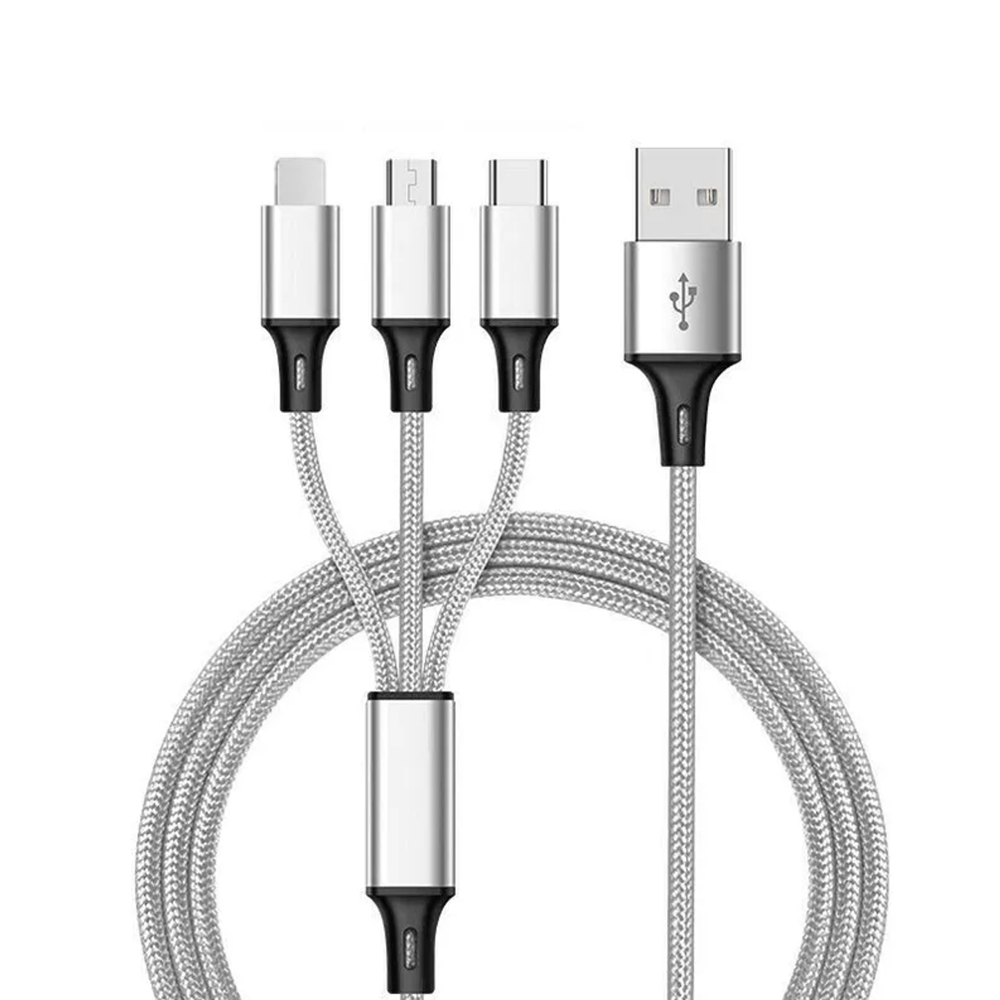 3-in-1 Nylon Braided 4FT 3A Charging Cable (8Pin, Type-C, Micro USB) Silver