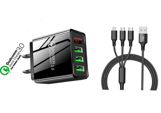 3 port LED Display High Speed Wall Charger Black + 3 in 1 Cable Combo