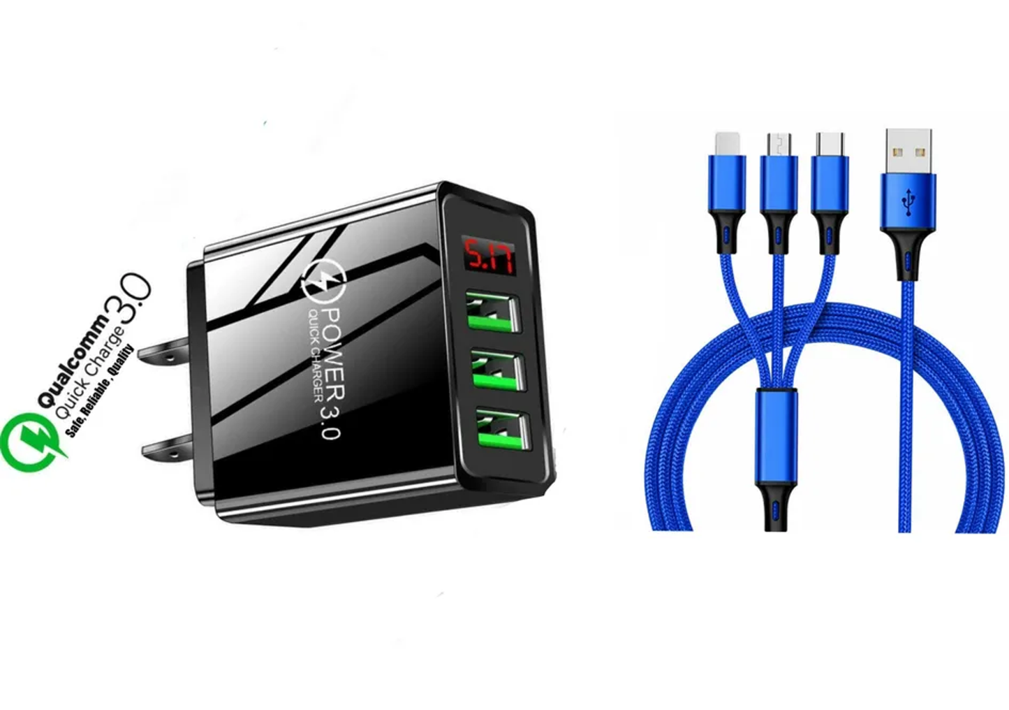 3 port LED Display High Speed Wall Charger Black + 3 in 1 Cable Combo