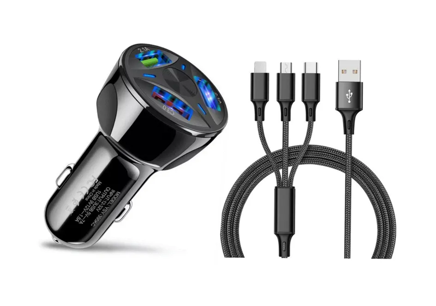 3 Port Fast LED Car Charger + 3 in 1 Cable Combo