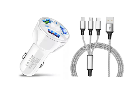 3 Port Fast LED White Car Charger + 3 in 1 Cable Combo