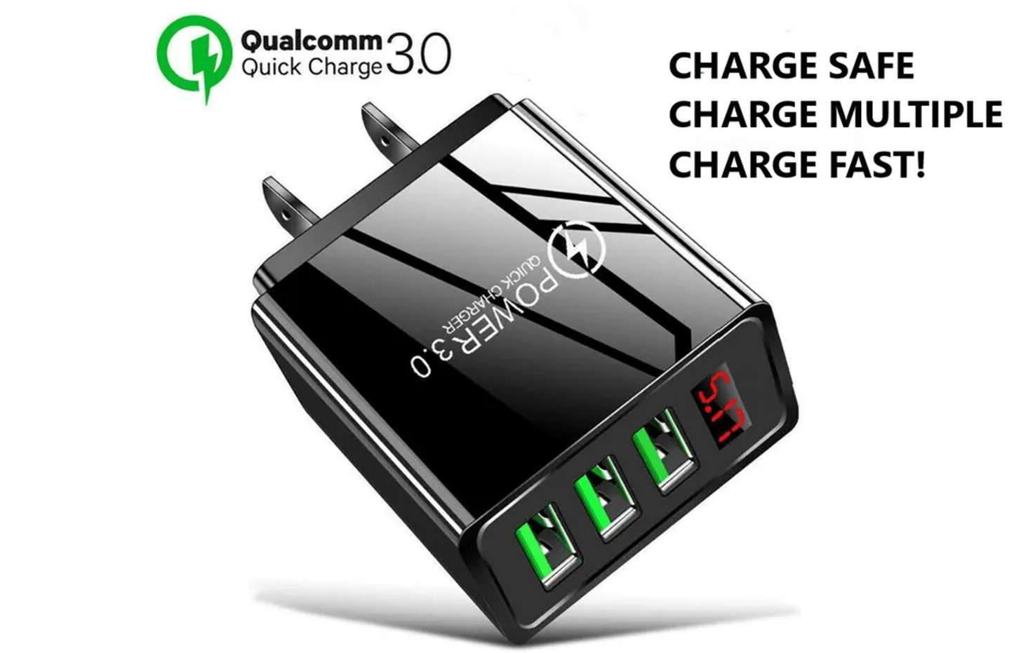 3 Port LED Fast Quick Charge QC 3.0 USB Hub Display Wall Charger Adapter US Plug