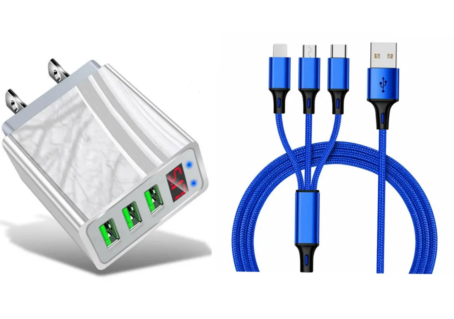 3 port LED Display High Speed Wall Charger White + 3 in 1 Cable Combo