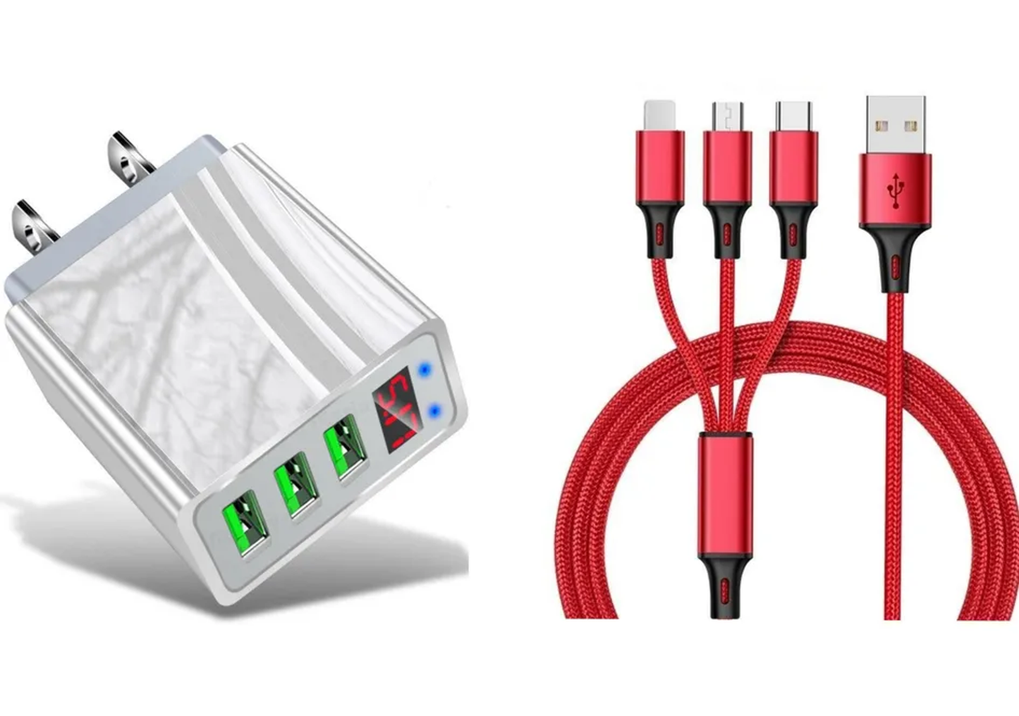 3 port LED Display High Speed Wall Charger White + 3 in 1 Cable Combo