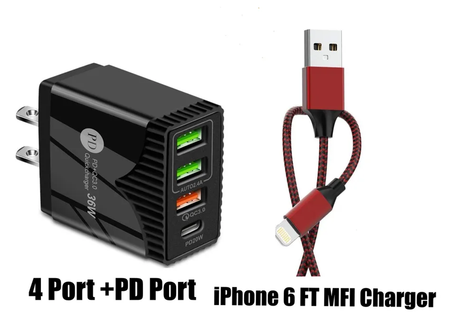 4-Port 36W Wall Safe and Fast Charger with PD Port and Iphone Cable 6 Ft