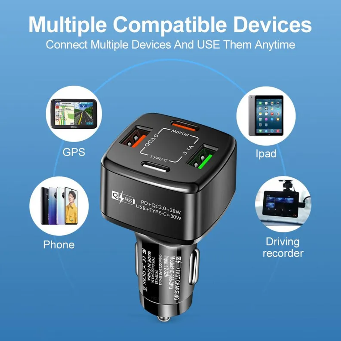 4 Port PD/USB Car Charger and 10FT Charger Compatible for Iphone