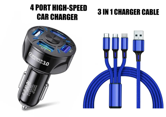 4 Port LED Car Charger + 3 in 1 Cable Combo