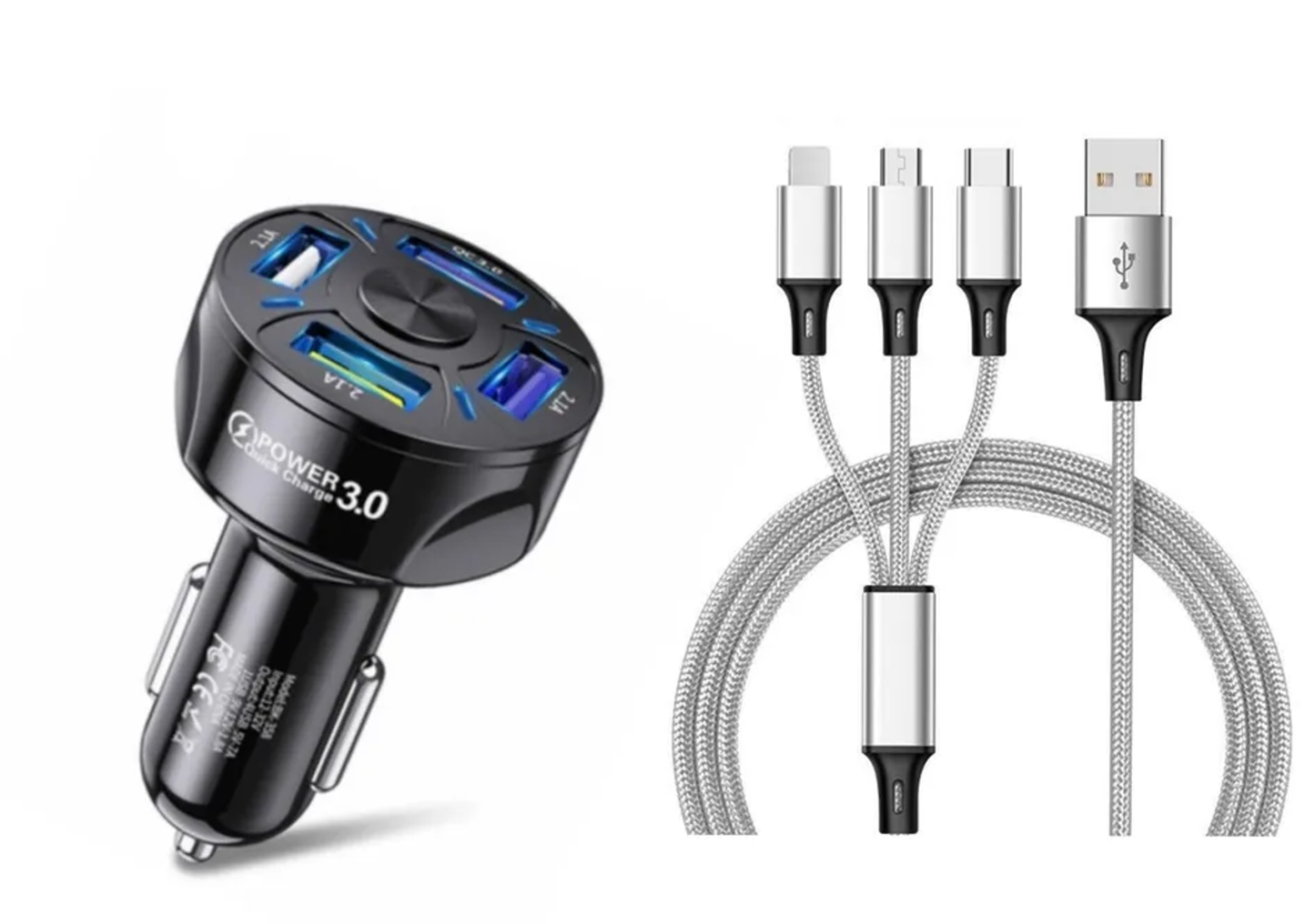 4 Port LED Car Charger + 3 in 1 Cable Combo