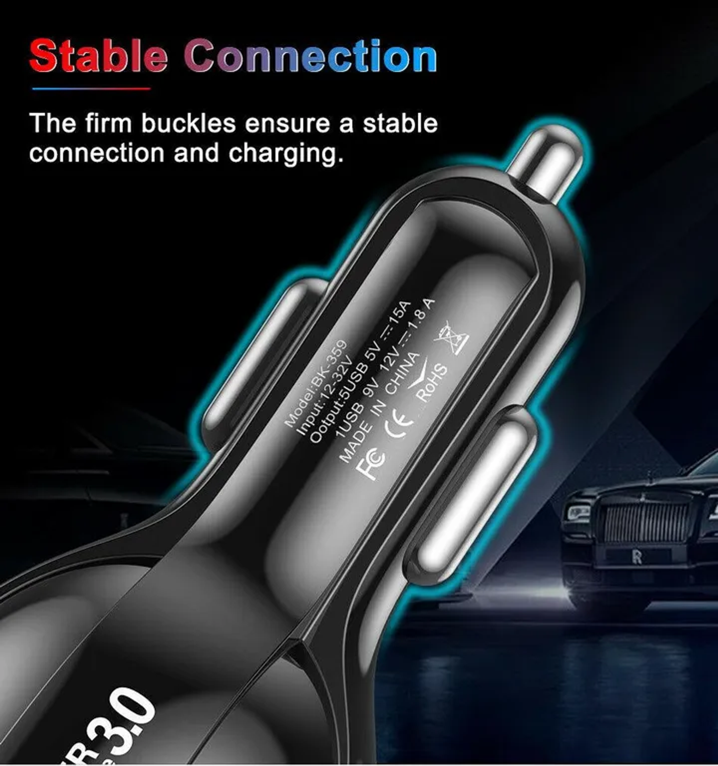 Black 4 Port LED Fast Car Charger and  6FT Charger Compatible for Iphone