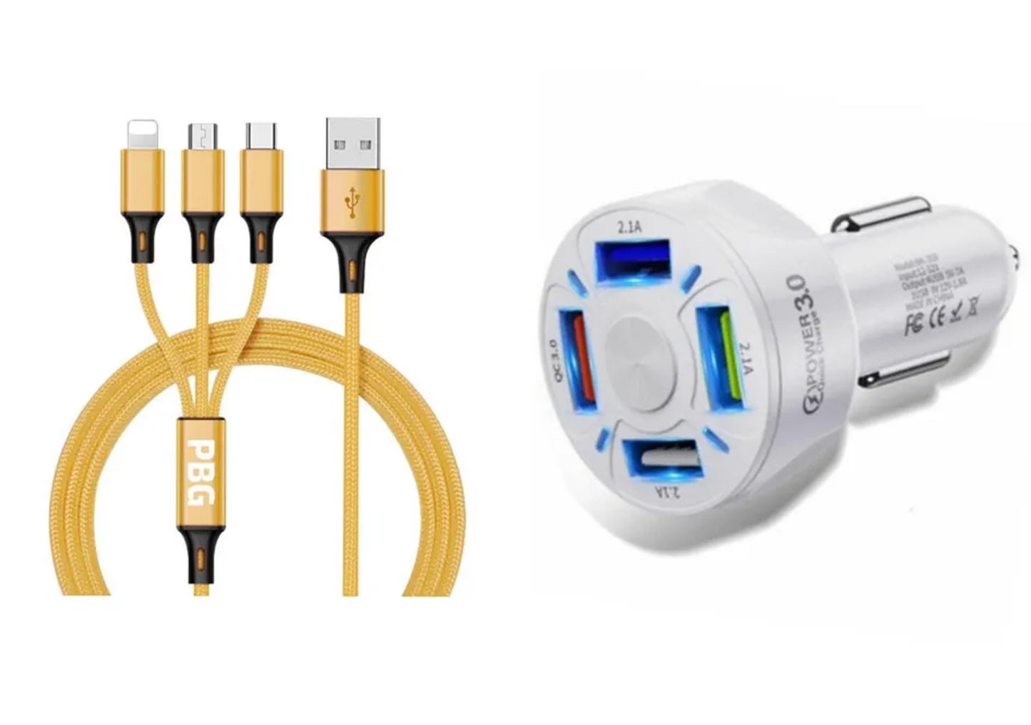 4 Port LED Car Charger + 3 in 1 Cable Combo