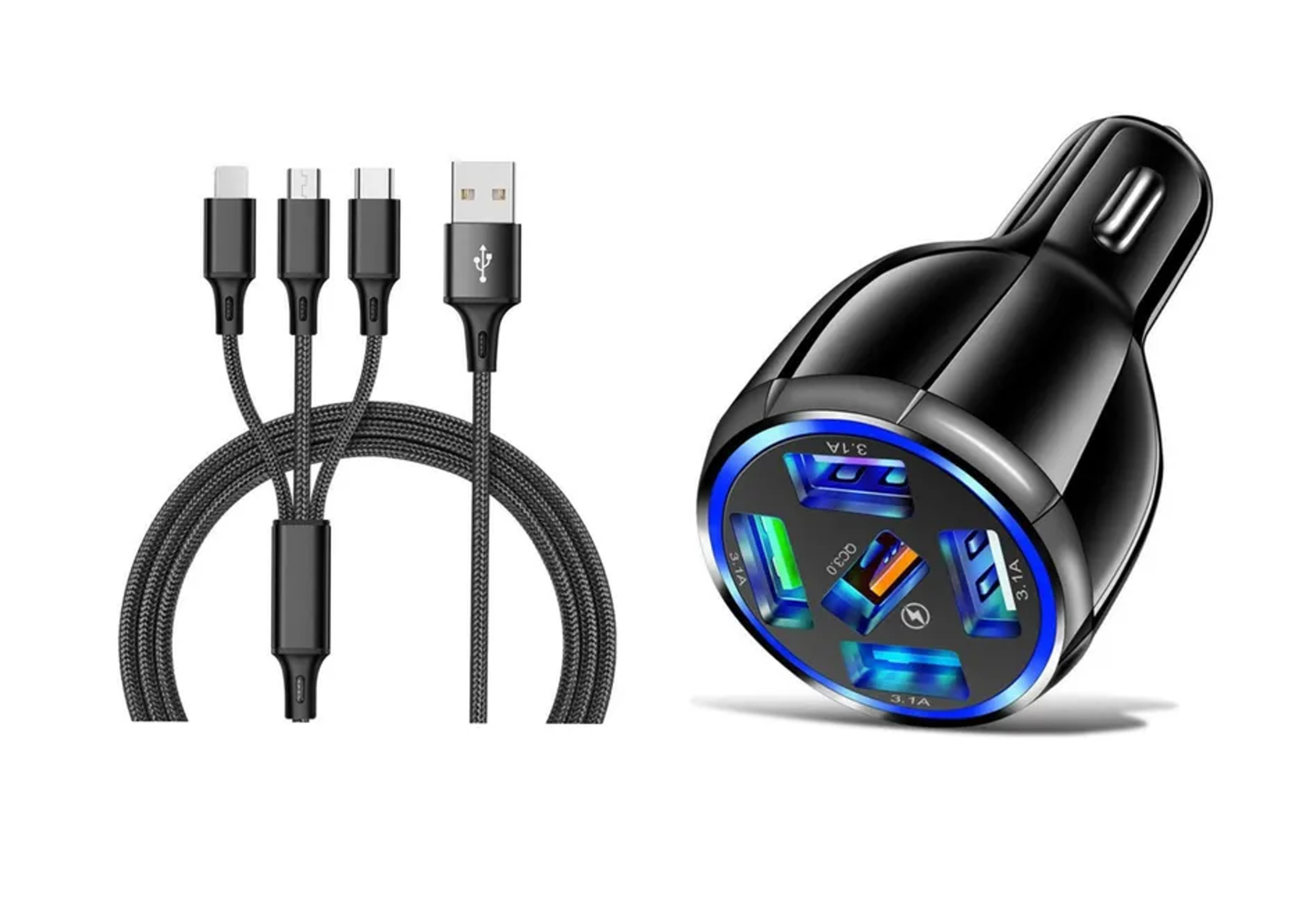 5 Port LED Fast Car Charger + 3 in 1 Cable Combo