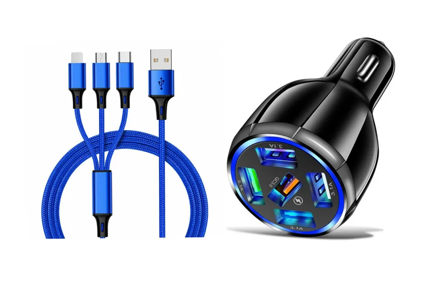 5 Port LED Fast Car Charger + 3 in 1 Cable Combo