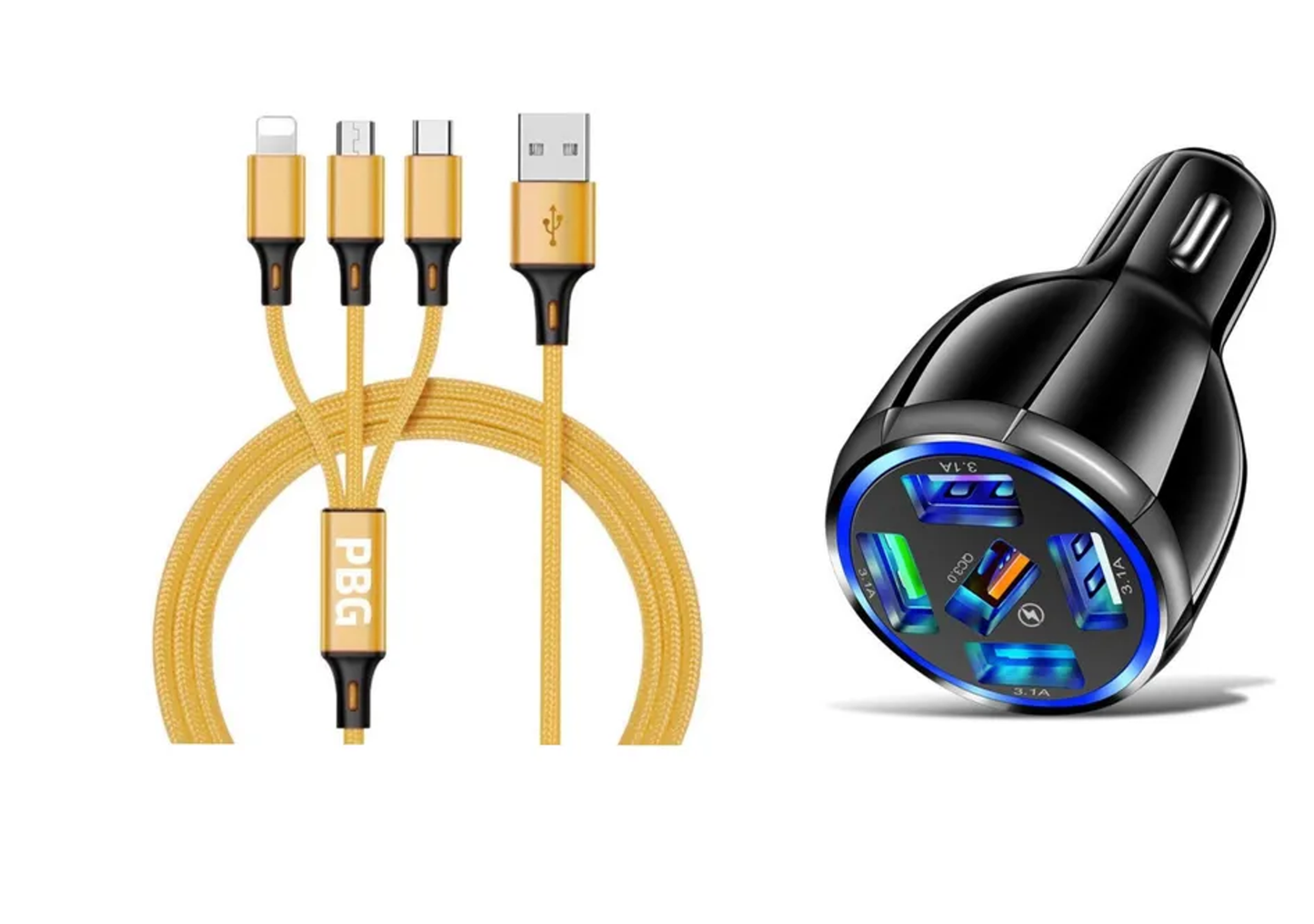 5 Port LED Fast Car Charger + 3 in 1 Cable Combo