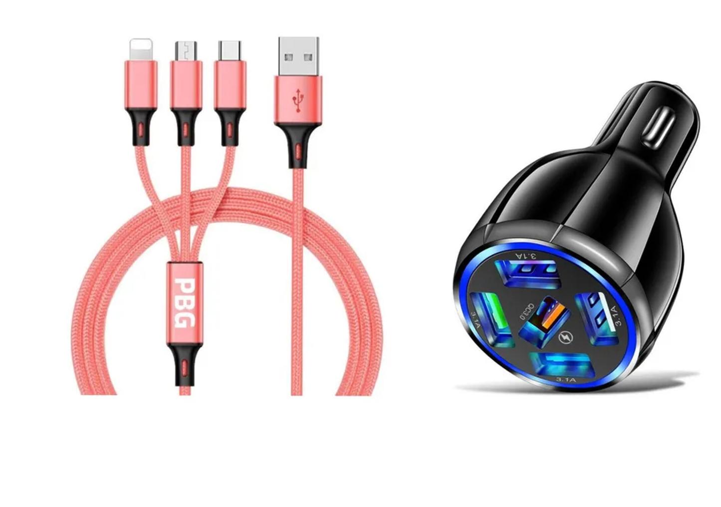 5 Port LED Fast Car Charger + 3 in 1 Cable Combo