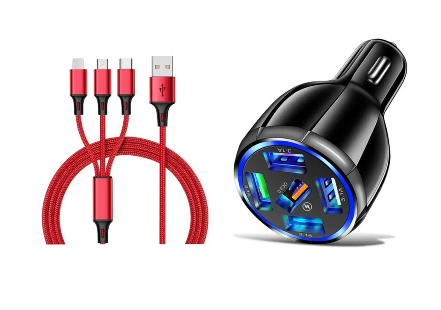 5 Port LED Fast Car Charger + 3 in 1 Cable Combo