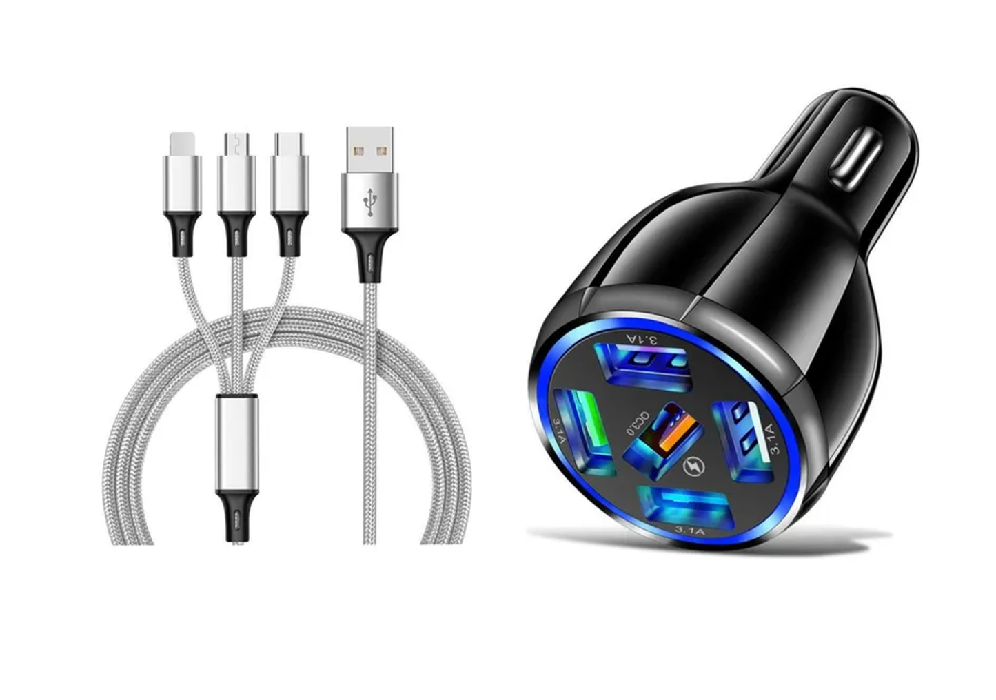 5 Port LED Fast Car Charger + 3 in 1 Cable Combo