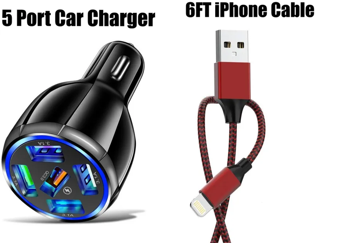 Black 5 Port LED Car Charger and  6FT Charger Compatible for Iphone