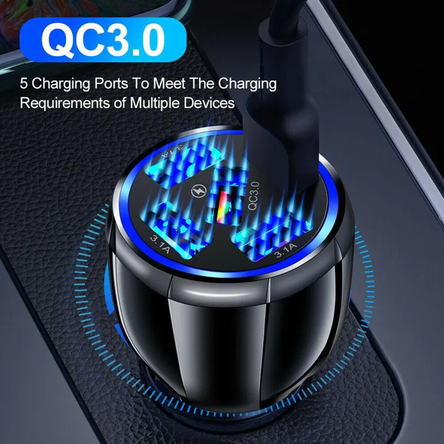 Black 5 Port LED Car Charger and  6FT Charger Compatible for Iphone