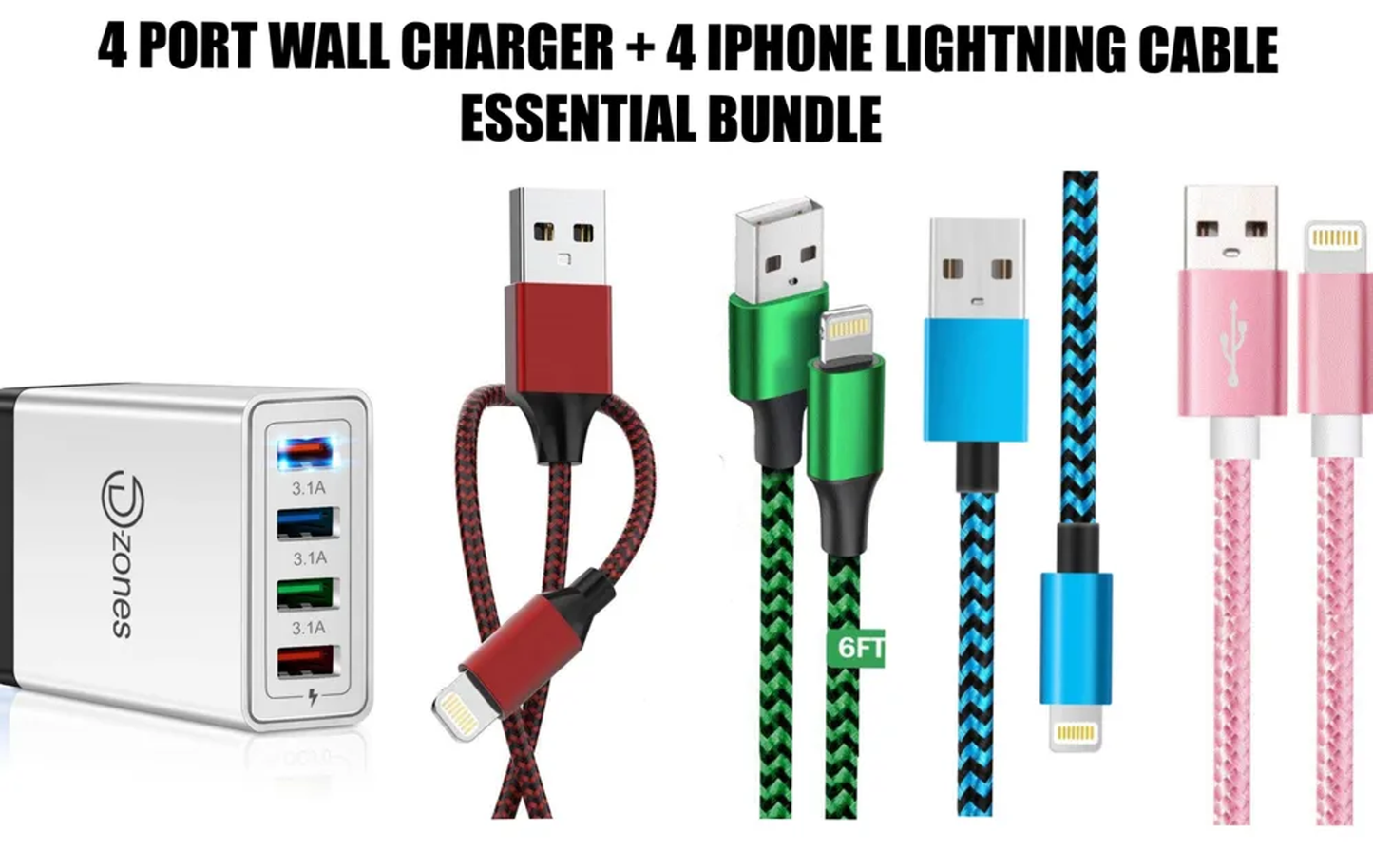 4 Port High Speed Wall Charger + 4 Iphone Lightning Cables Bundle! Safe Charging