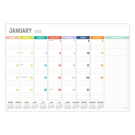 2025 Rainbow Blocks Medium Desk Pad Monthly Blotter Calendar