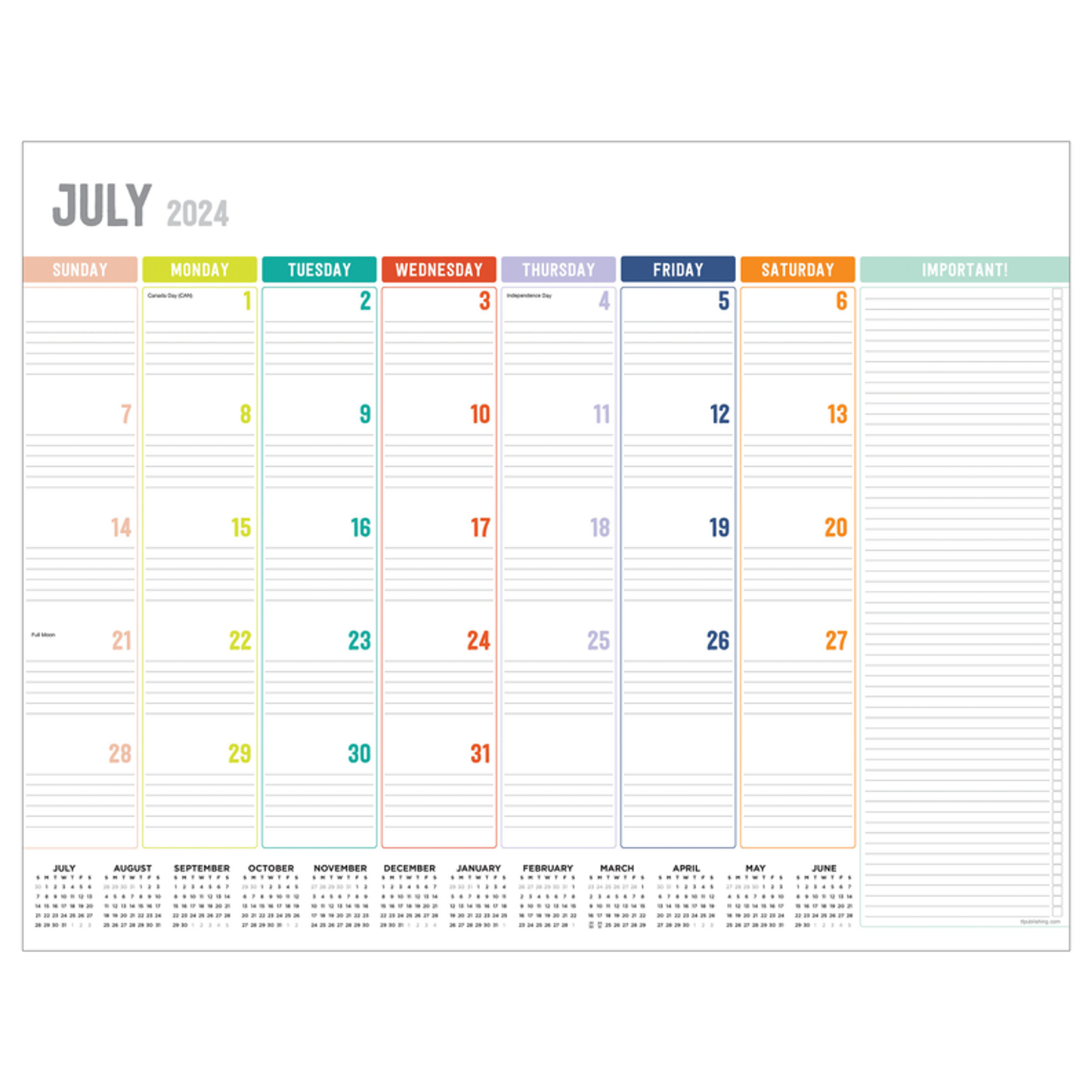 July 2024 - June 2025 Rainbow Blocks Large Desk Pad Monthly Blotter Calendar