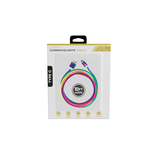 2A 10 ft Rainbow Rounded -TYPE C  USB Cable