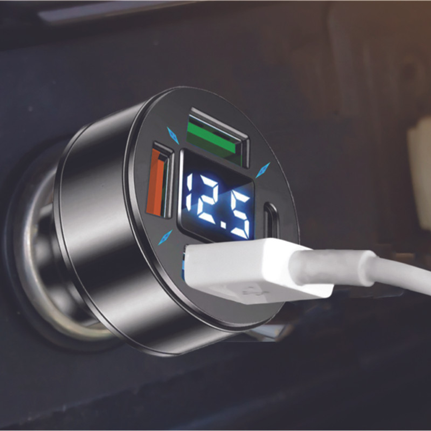 Ciao Tech 12V USB-A 18W 4-Port Car Charger with Voltage LED Display - 4 USB-A Ports, 3.0A Quick Charge