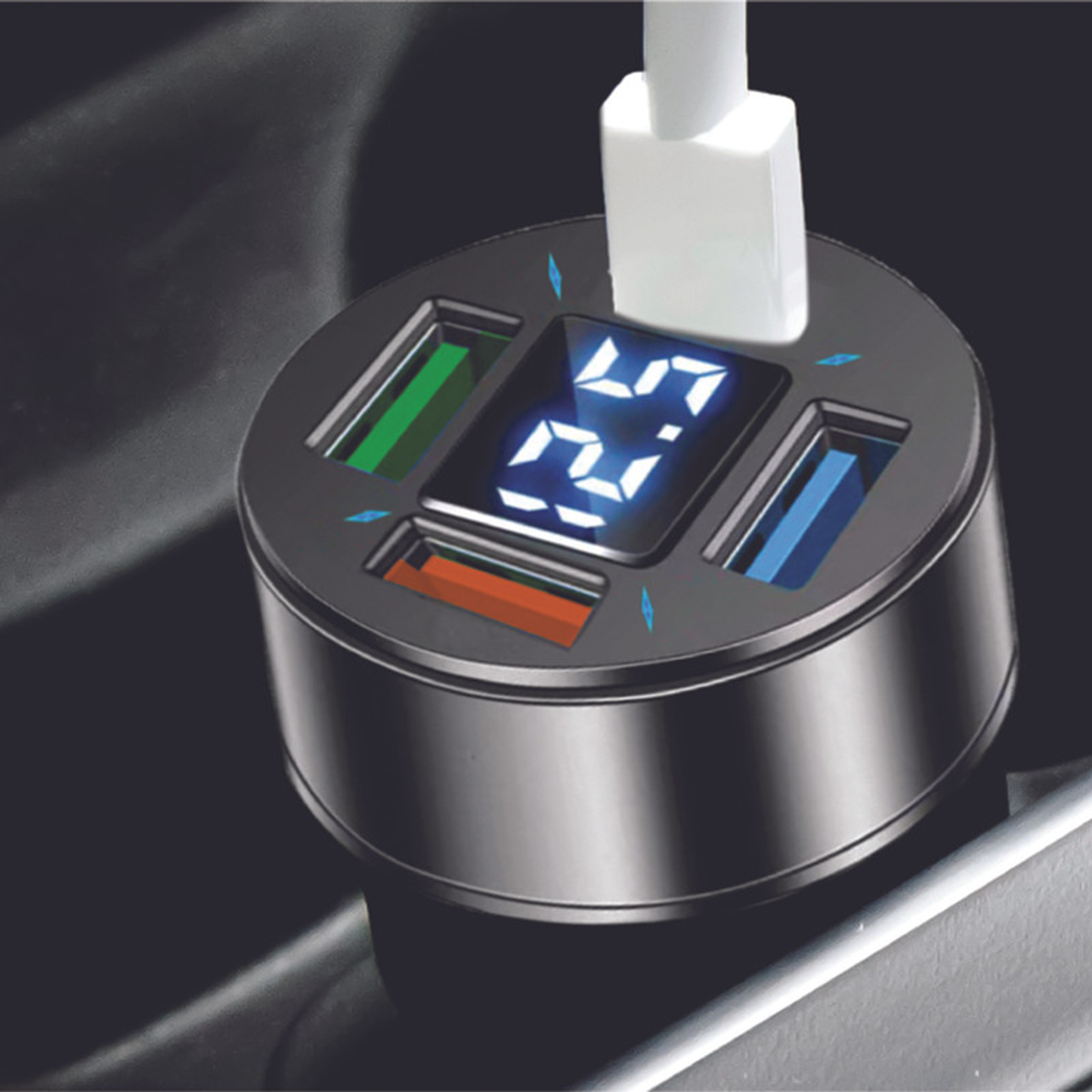 Ciao Tech 12V USB-A 18W 4-Port Car Charger with Voltage LED Display - 4 USB-A Ports, 3.0A Quick Charge