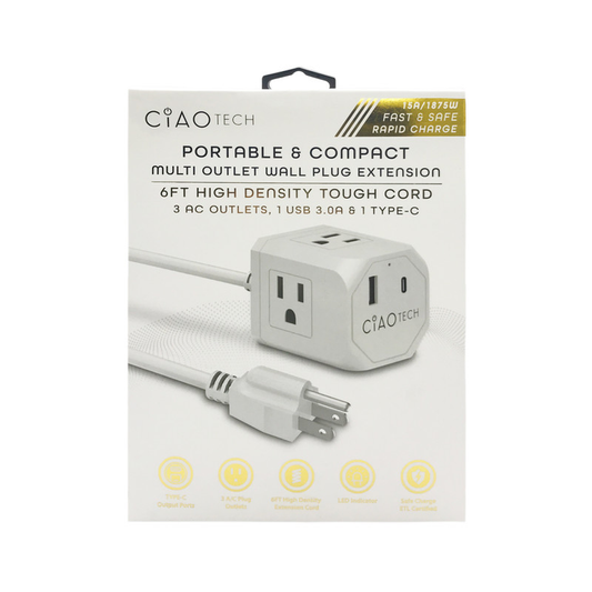 6 FT Extension Cord w/ 3 Outlets+ 1USB + 1TYPE C