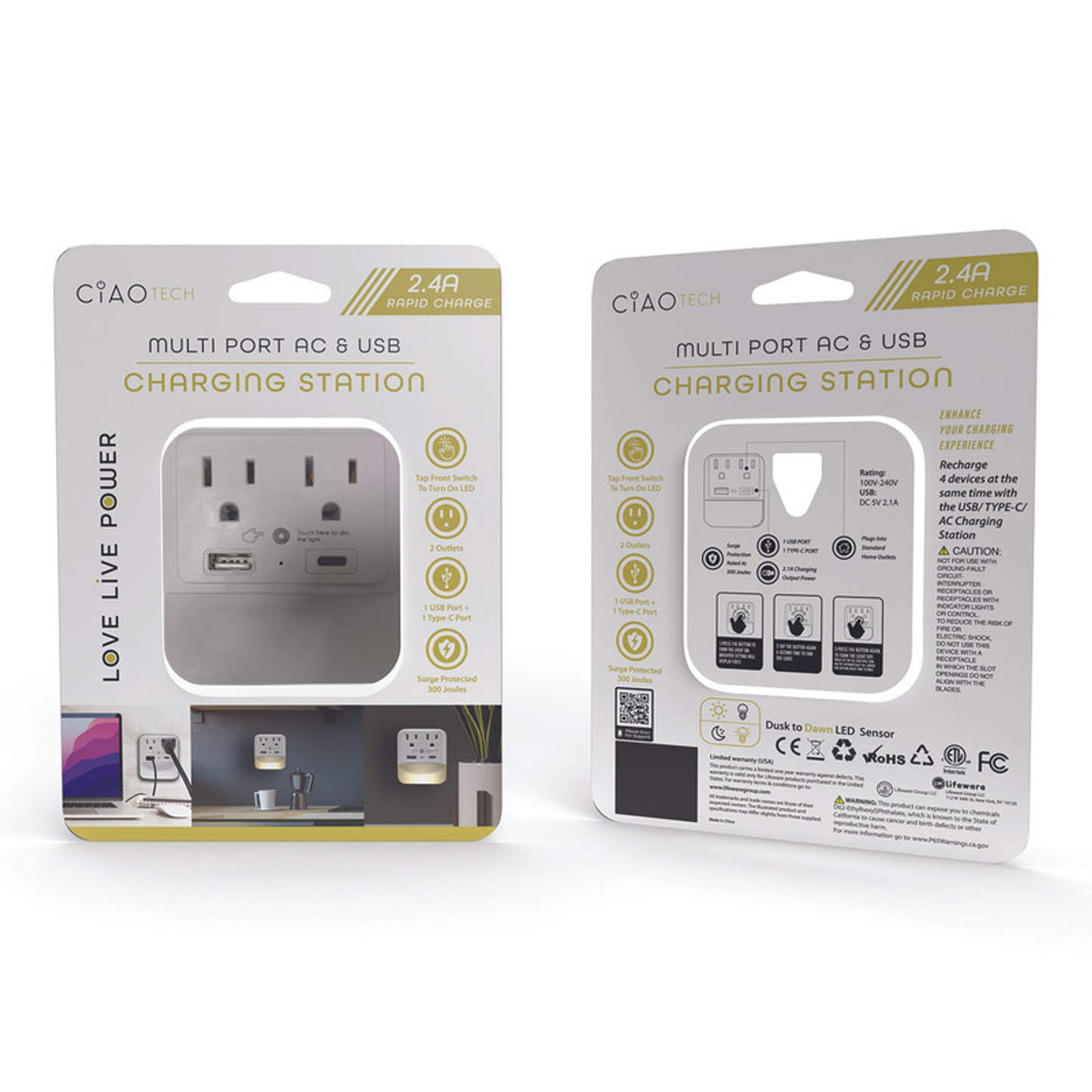 2 Outlet 1 USB-A & 1 USB-C Output Port with LED  Light