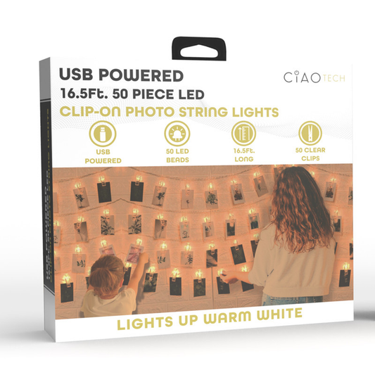 USB Powered 16.5Ft. 50 LED Clip-On Photo String Lights - Warm White