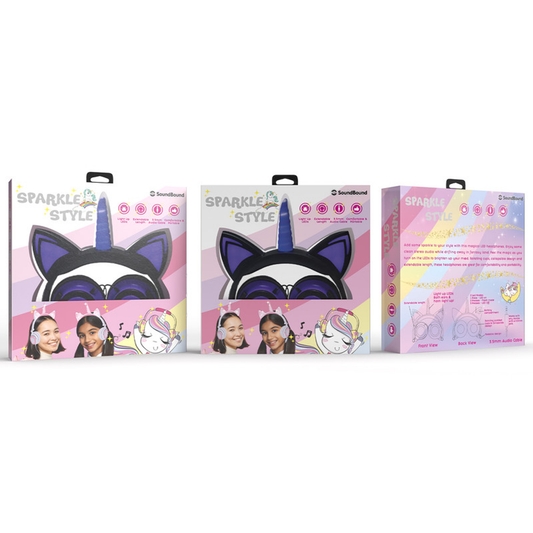 Sparkle-Style CAT Unicorn LIGHT UP LED Over Ear Wired Headphones- Black/Purple