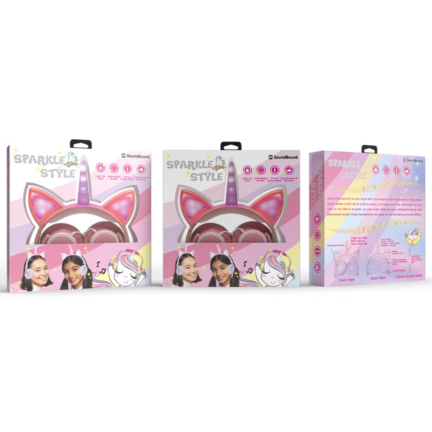 Sparkle-Style CAT Unicorn  LIGHT UP LED Over Ear Wired Headphones- Pink/Pink