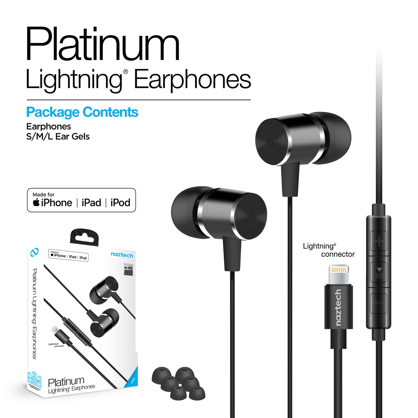 Naztech Platinum High Fidelity Lightning Earbuds Black