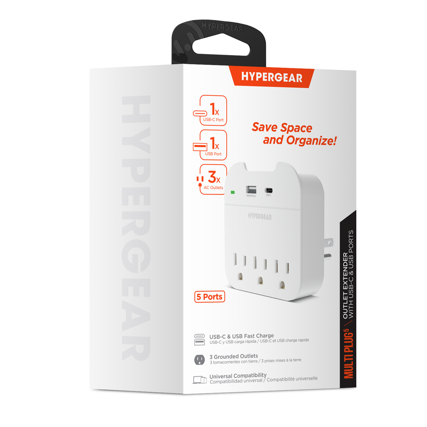 HyperGear Multi Plug 5 Outlet Extender with USB-C & USB Ports